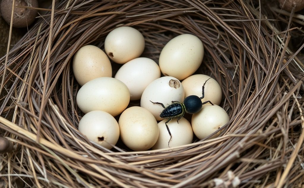 A nest with various bird eggs and a lurking brood parasite.