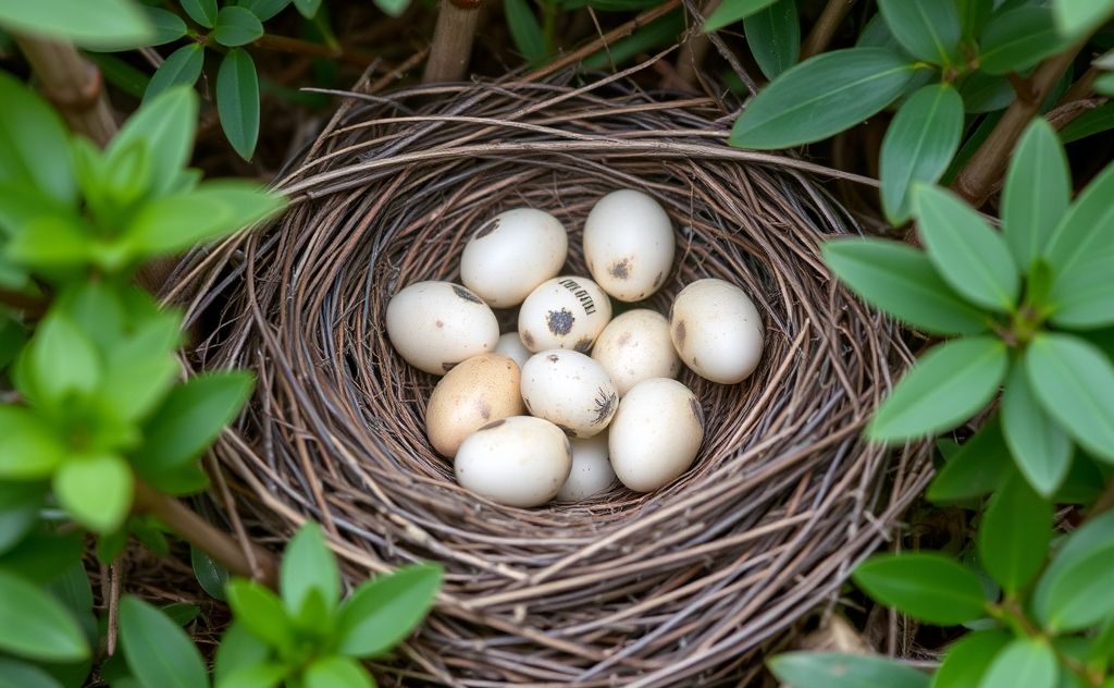 A nest with various bird eggs surrounded by a lush habitat.
