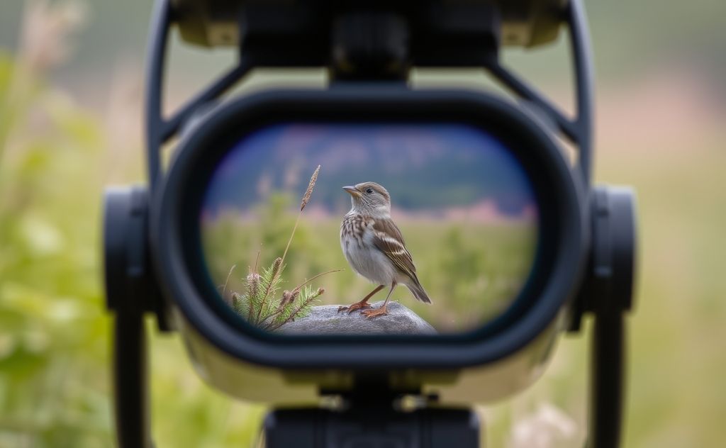 A pair of binoculars focused on a bird in a natural setting.