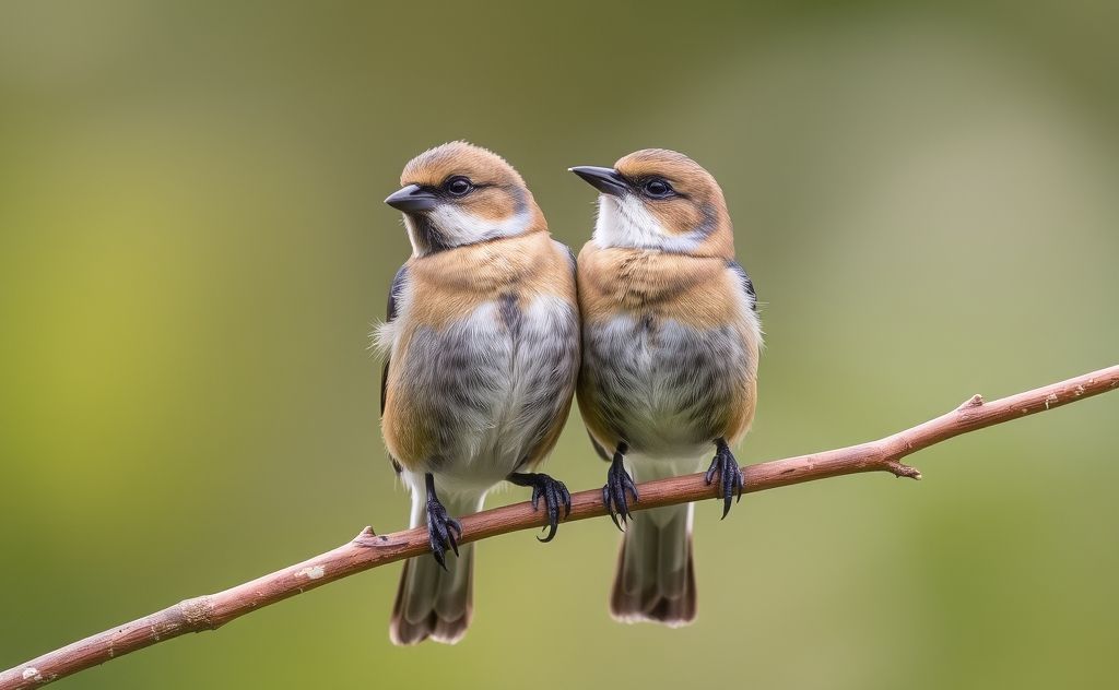 A pair of birds perched closely together on a branch.