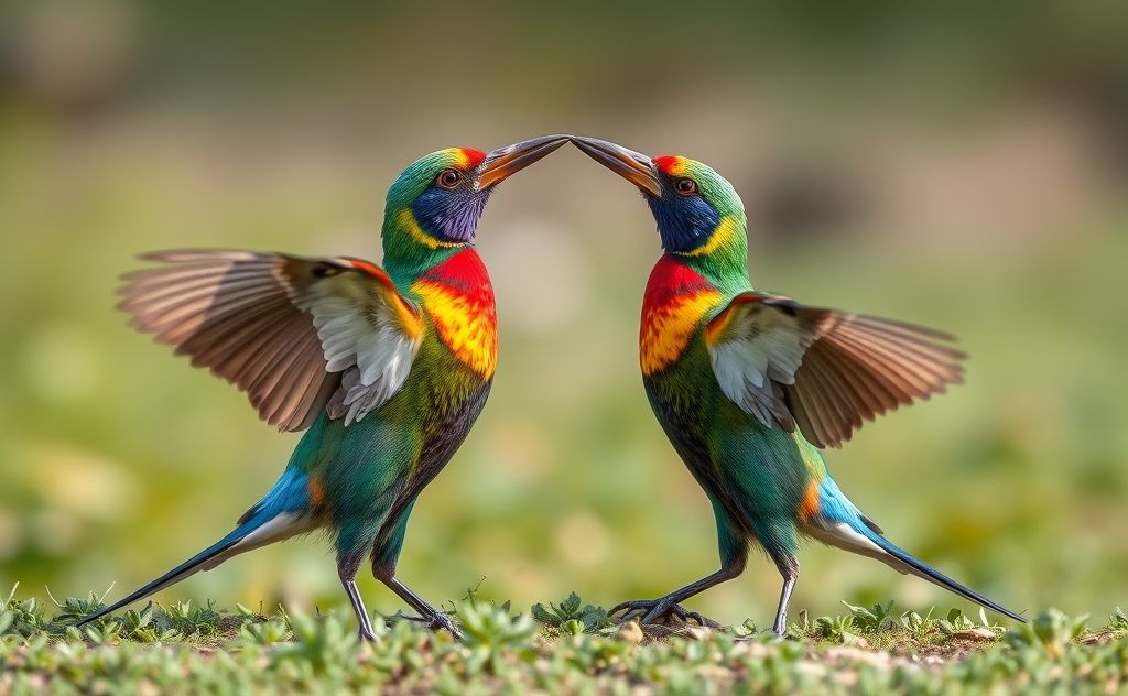 A pair of colorful birds engaging in a courtship display in nature.