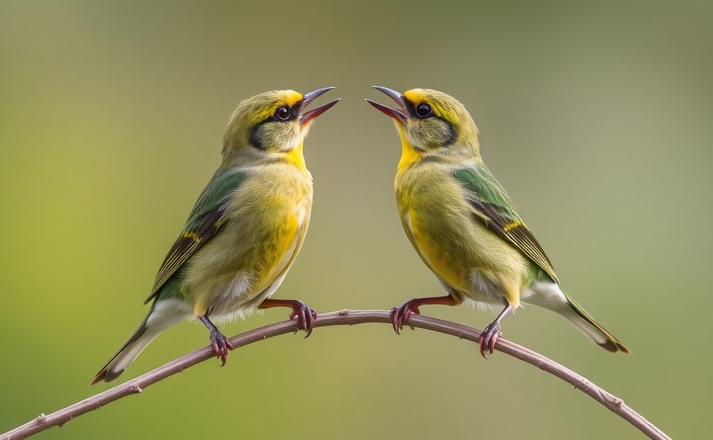A pair of green singing finches engaging in courtship behavior.