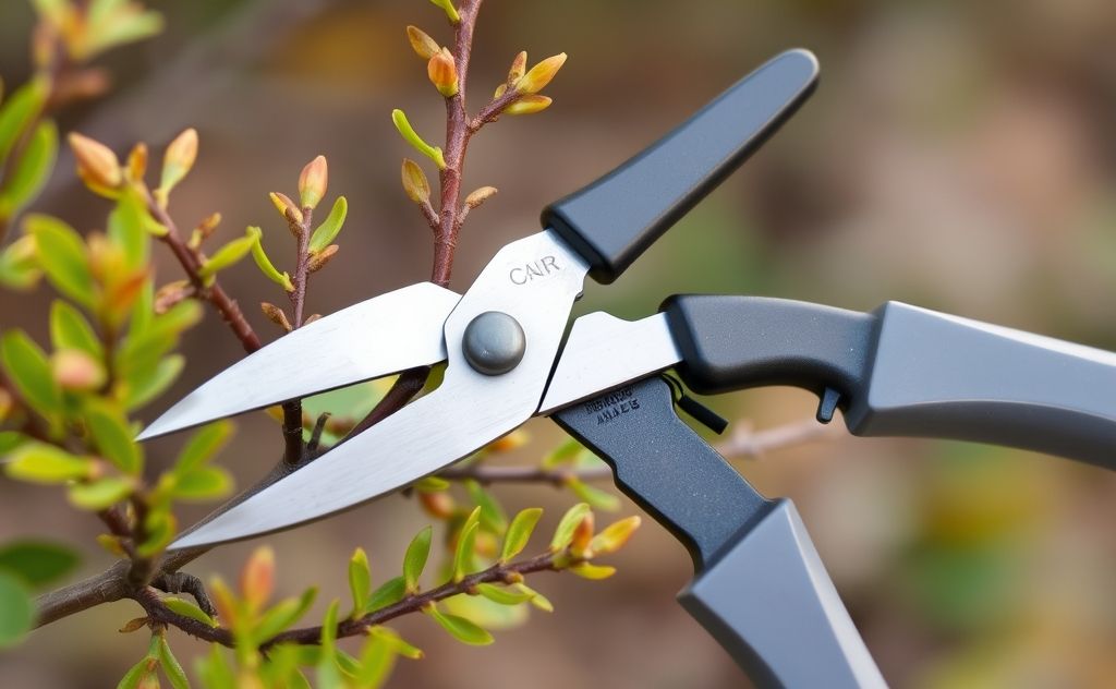 A pair of pruning shears beside freshly pruned plant branches.
