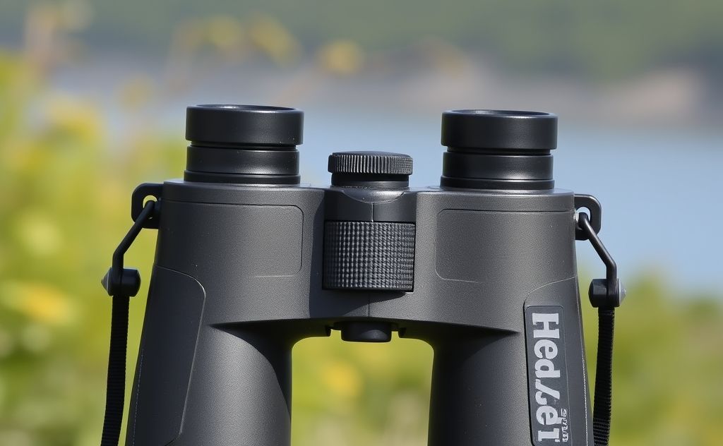 A pair of waterproof binoculars set against a natural birdwatching scene.