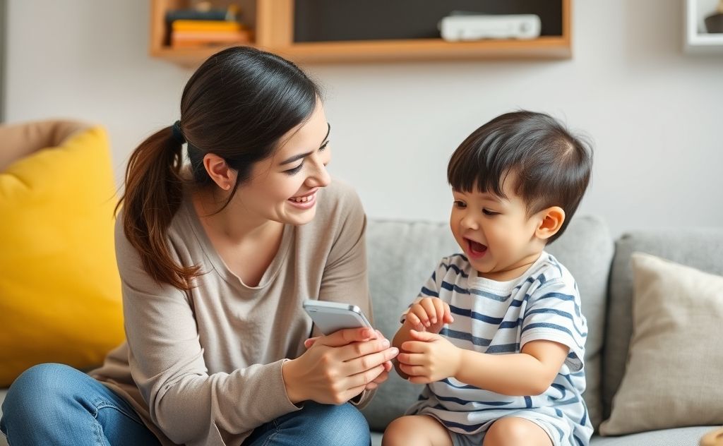 A parent and child engaging in a fun, interactive conversation.