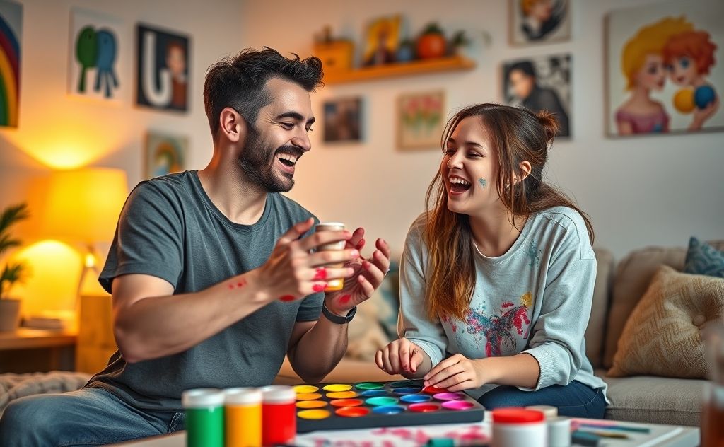 A parent and teenager engaging in a fun, collaborative activity.