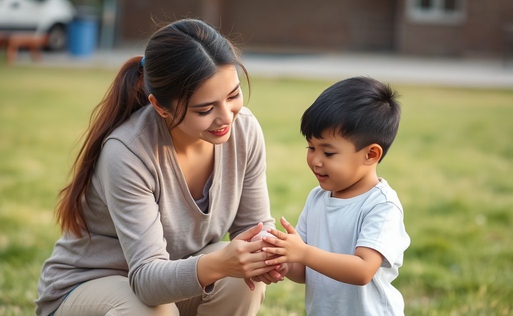 A parent guiding a child through a challenging situation.
