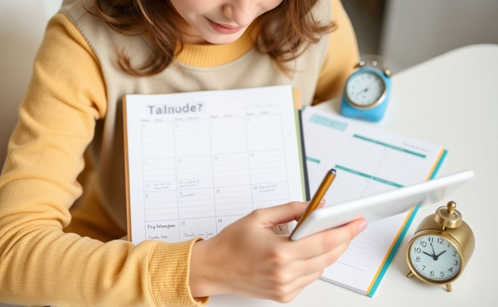 A parent organizing daily tasks with a planner and clock.