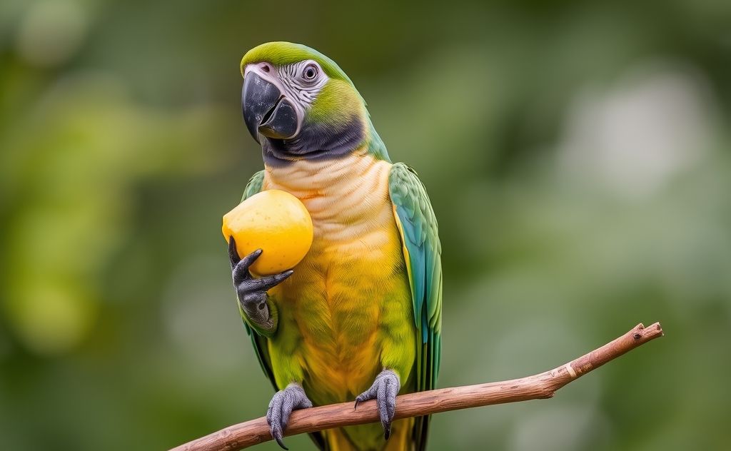A parrot holding a piece of fruit with its feet on a branch.