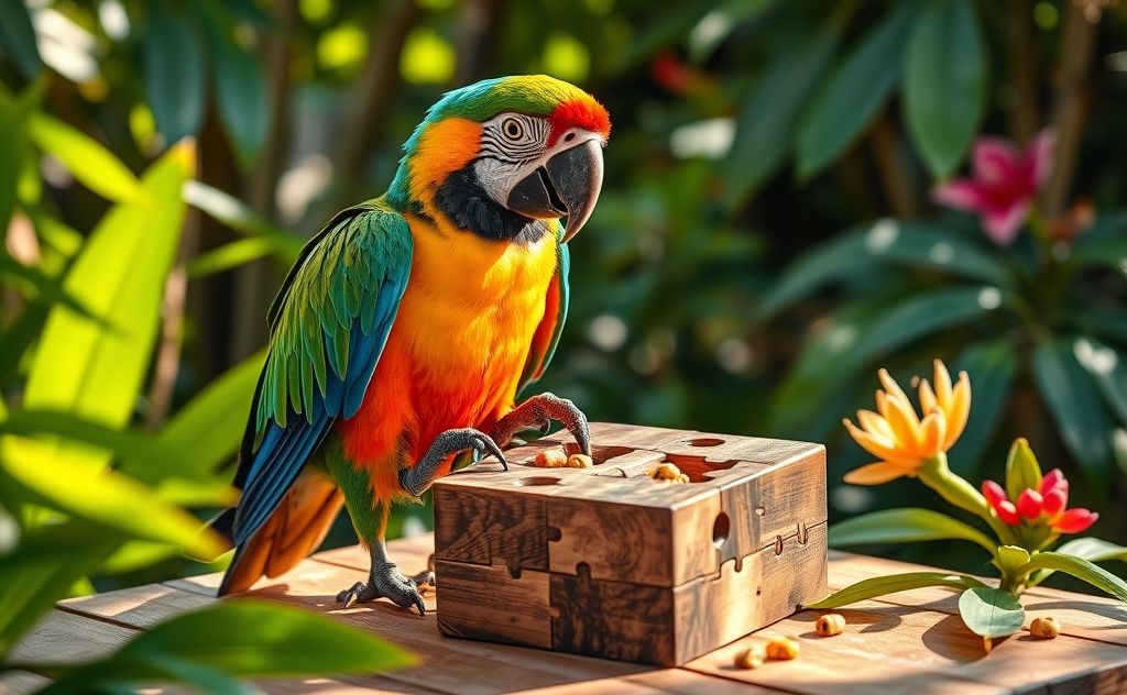 A parrot manipulating a puzzle to find hidden food.
