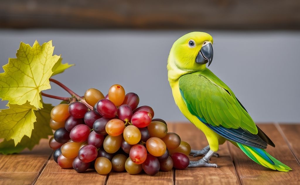 A parrot perched beside a bunch of grapes on a wooden table.