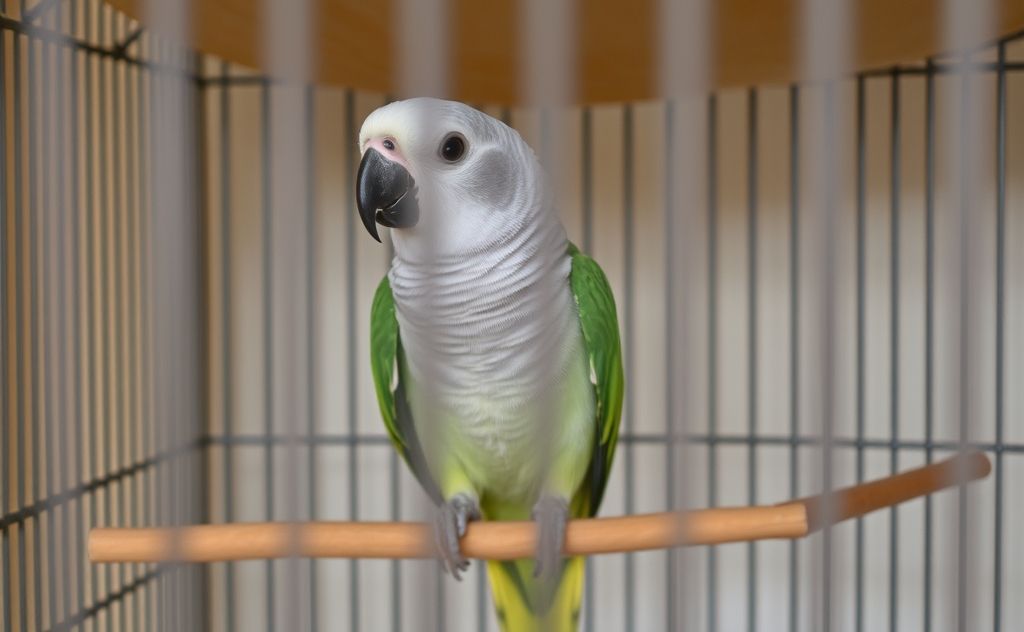 A parrot perched inside a cage with a partially draped cover.