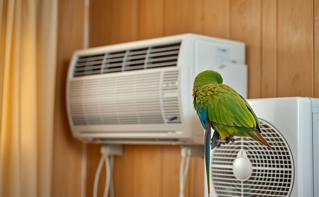 A parrot perched near an air conditioning unit in a cozy room.