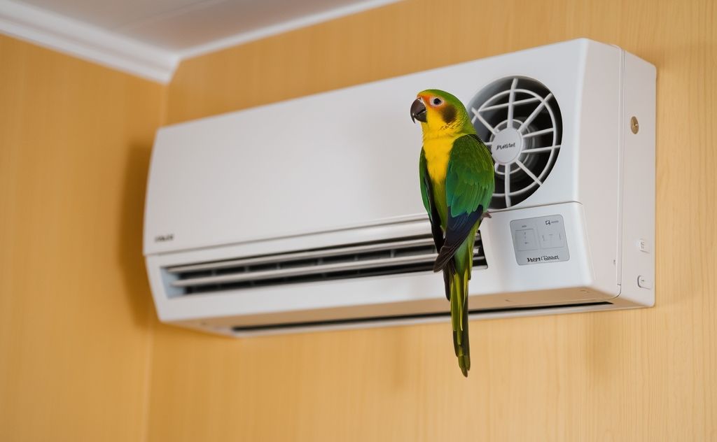A parrot perched near an air conditioning vent in a cozy room.