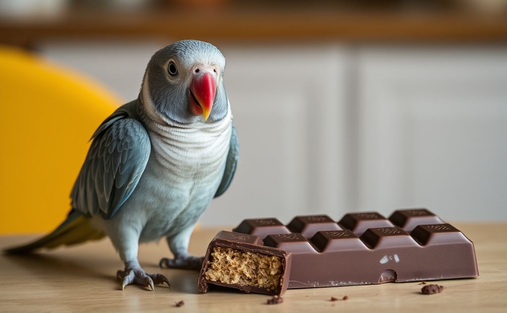 A parrot perched next to a chocolate bar on a table.