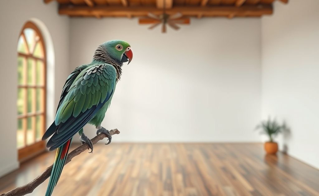 A parrot perched on a branch looking towards an empty room.