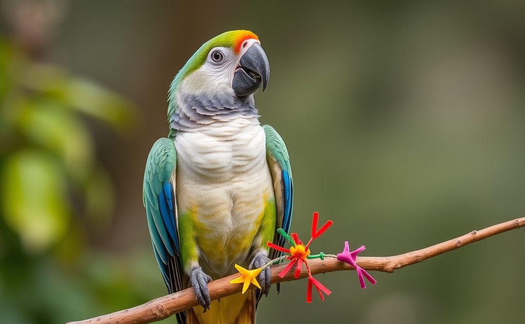 A parrot perched on a branch practicing speech with colorful toys.