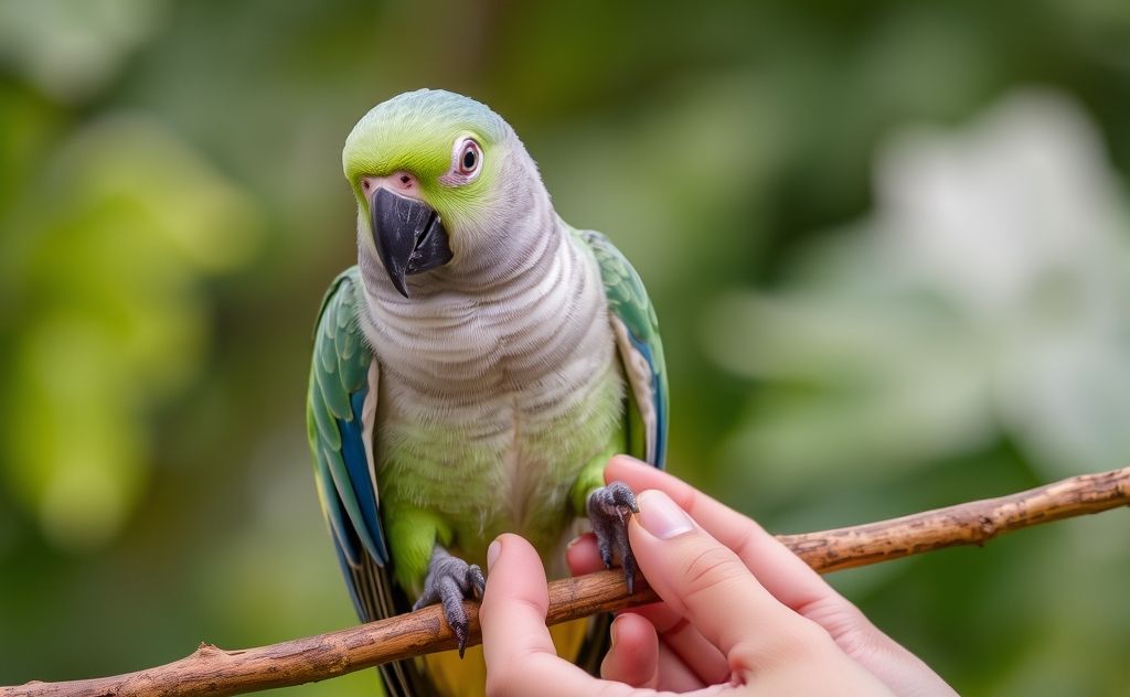 A parrot perched on a branch with its nails being gently trimmed.