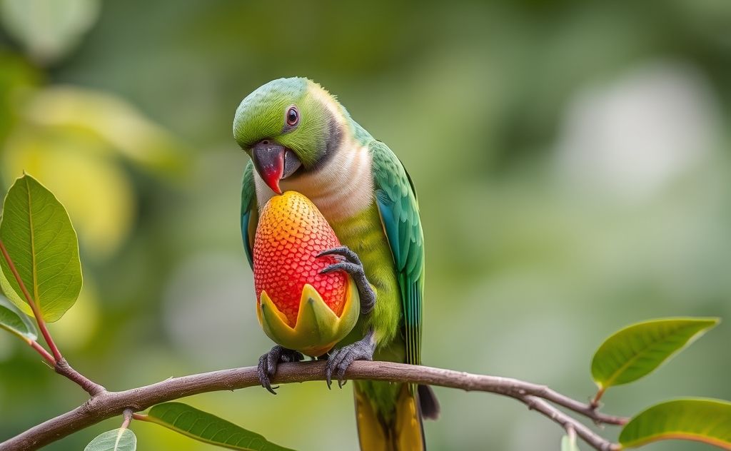 A parrot perched on a branch, nibbling on a vibrant fruit.
