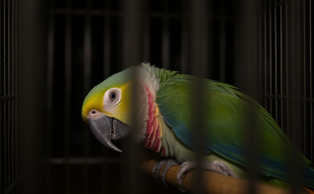 A parrot resting peacefully in a cozy, darkened cage at night.