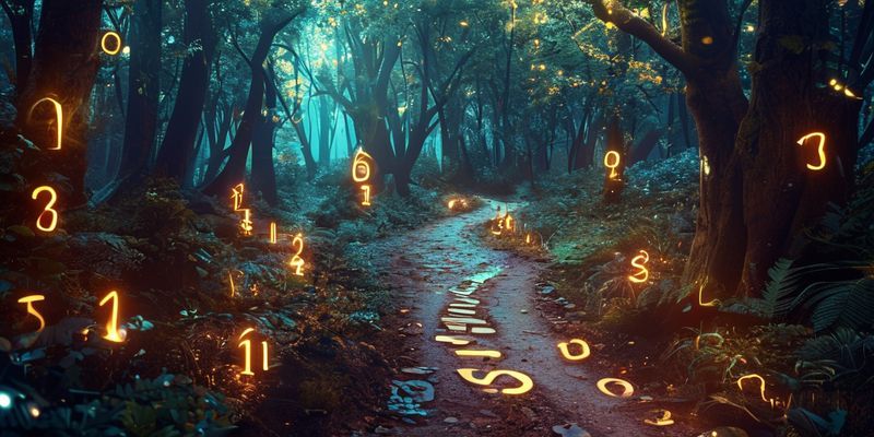 Hayat yolunu temsil eden büyülü ormanda parlayan sayılar.