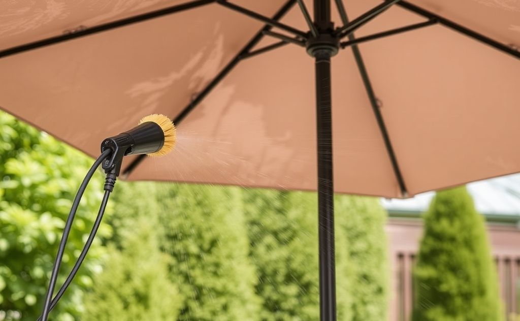 A patio umbrella being cleaned with a brush and water spray.