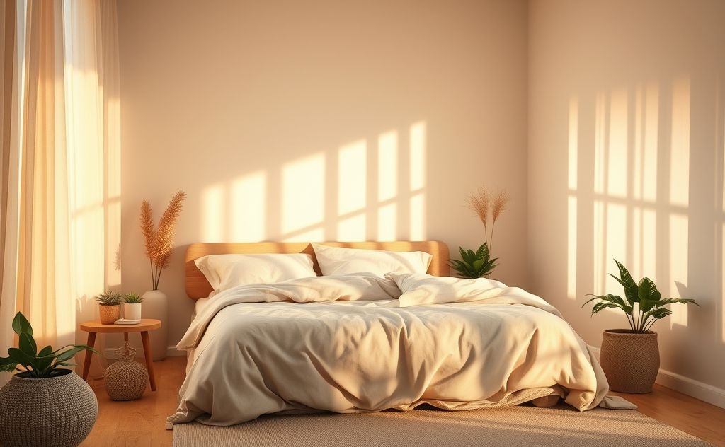 A peaceful bedroom scene with a cozy bed and soft lighting.