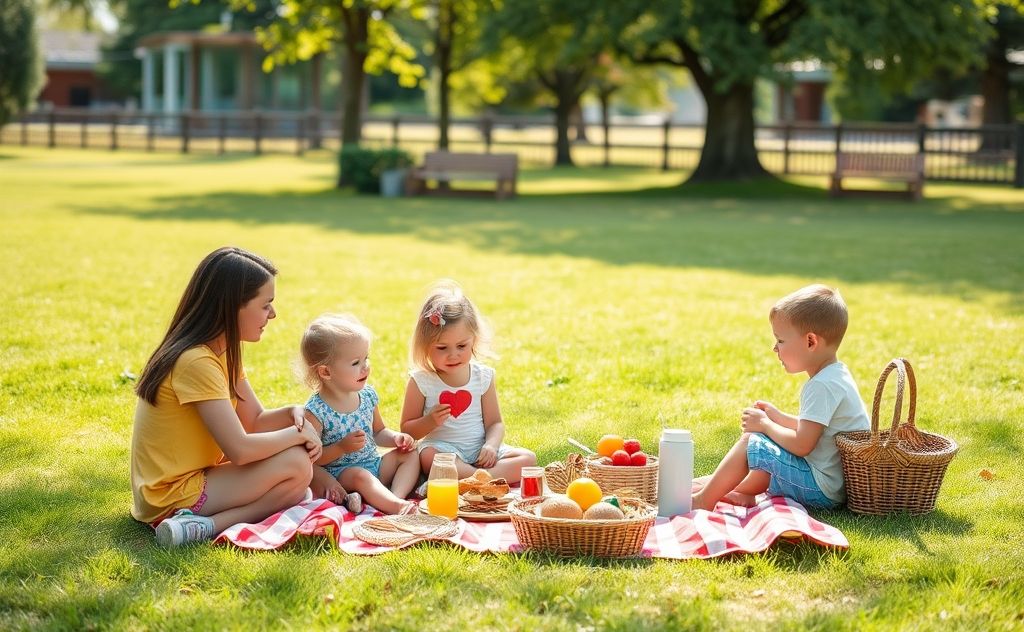 A peaceful family scene with kids playing outdoors and a picnic setup.
