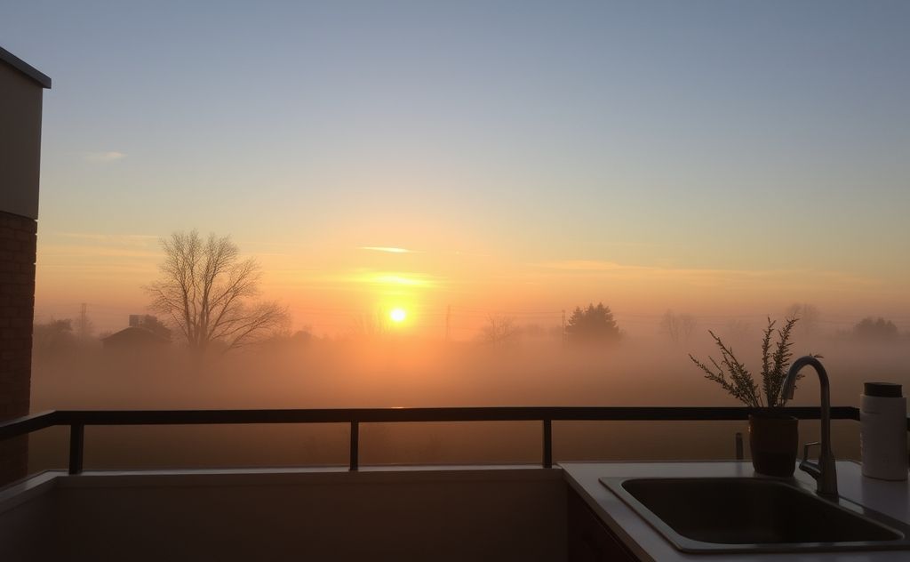 A peaceful morning scene with a sunrise and a quiet kitchen.