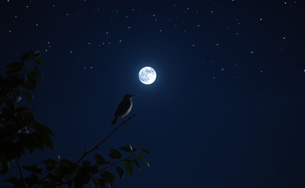 A peaceful night scene with a bird perched silently on a branch.