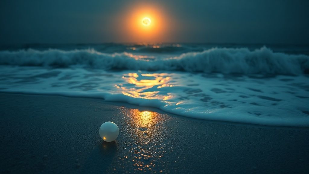 A pearl shimmering on a shore, illuminated by the ethereal glow of a full moon reflecting on turbulent, receding waves. Mystic blues and golds blend, cinematic lighting, 4k.