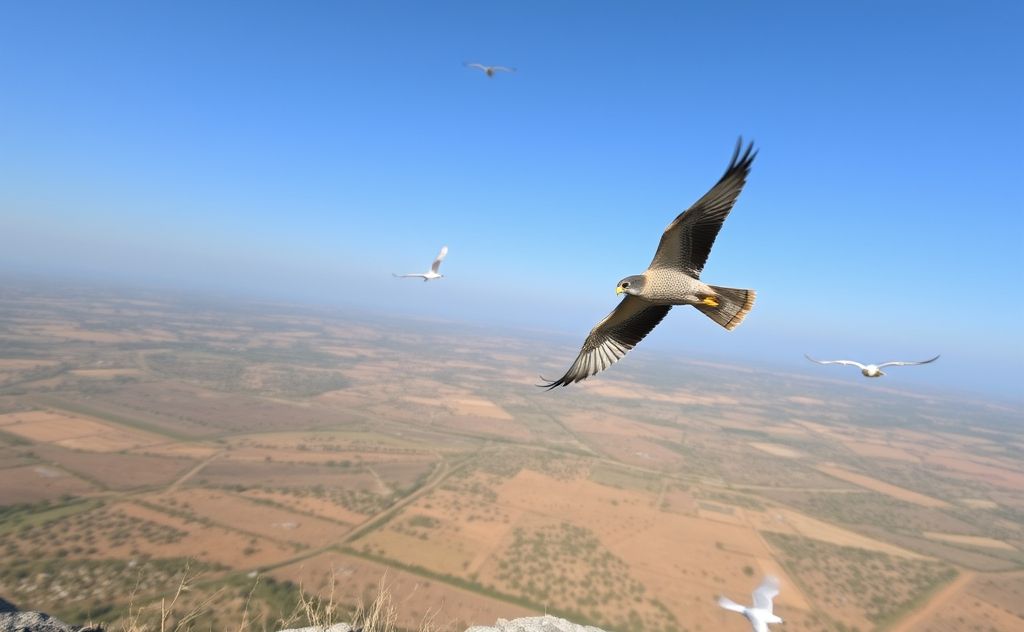 A peregrine falcon soaring above a landscape with other birds nearby.