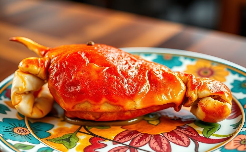 A perfectly baked king crab leg on a vibrant plate.