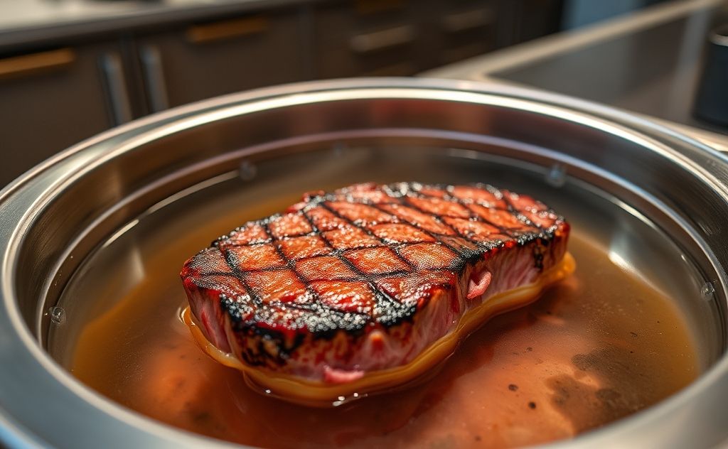 A perfectly cooked steak in a sous vide water bath.