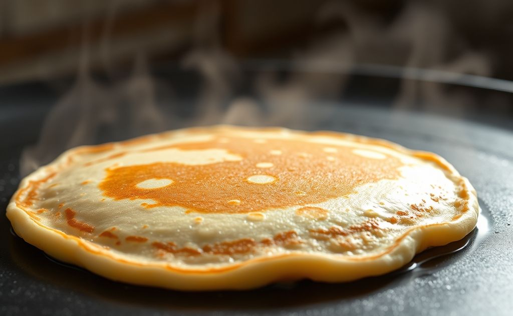 A perfectly golden pancake on a hot griddle with steam rising.