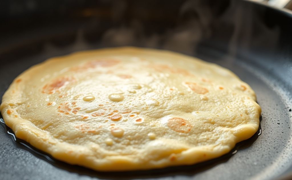 A perfectly golden pancake on a skillet with a gentle steam rising.
