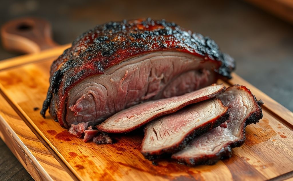 A perfectly heated brisket on a wooden cutting board.