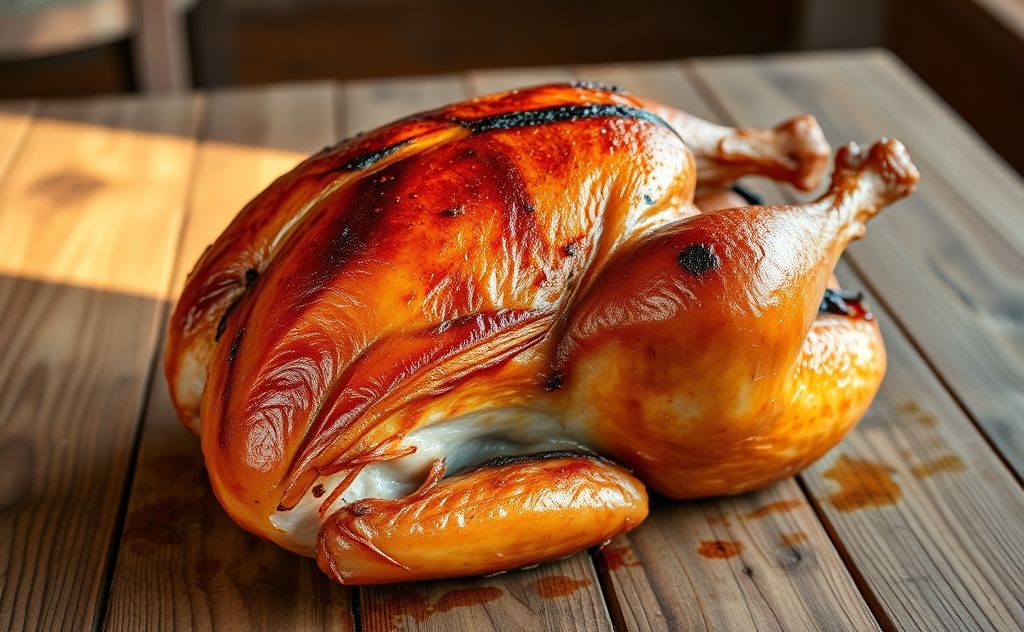 A perfectly reheated smoked turkey on a rustic wooden table.