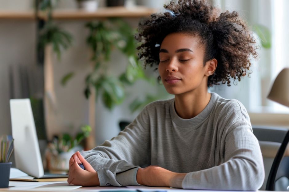 Person practicing the 3-minute breathing space technique at their desk