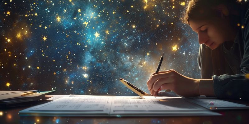 Yıldızlı arka plan ve parlayan kalemle hesaplama yapan kişi