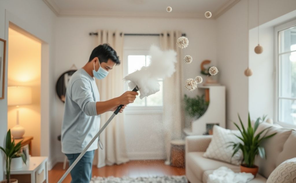 A person cleaning a home with dust and allergens in the air.