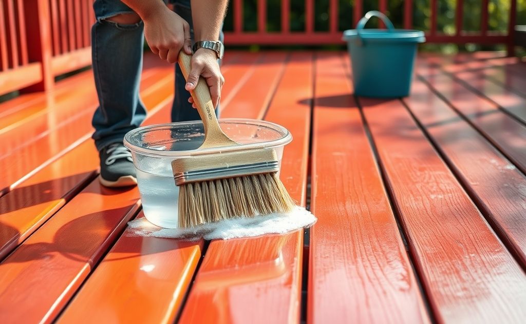 A person cleaning a painted deck with a brush and bucket of water.