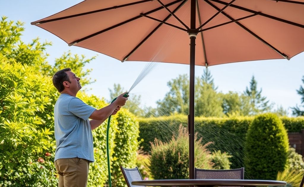 A person cleaning a patio umbrella with a hose in a sunny garden.