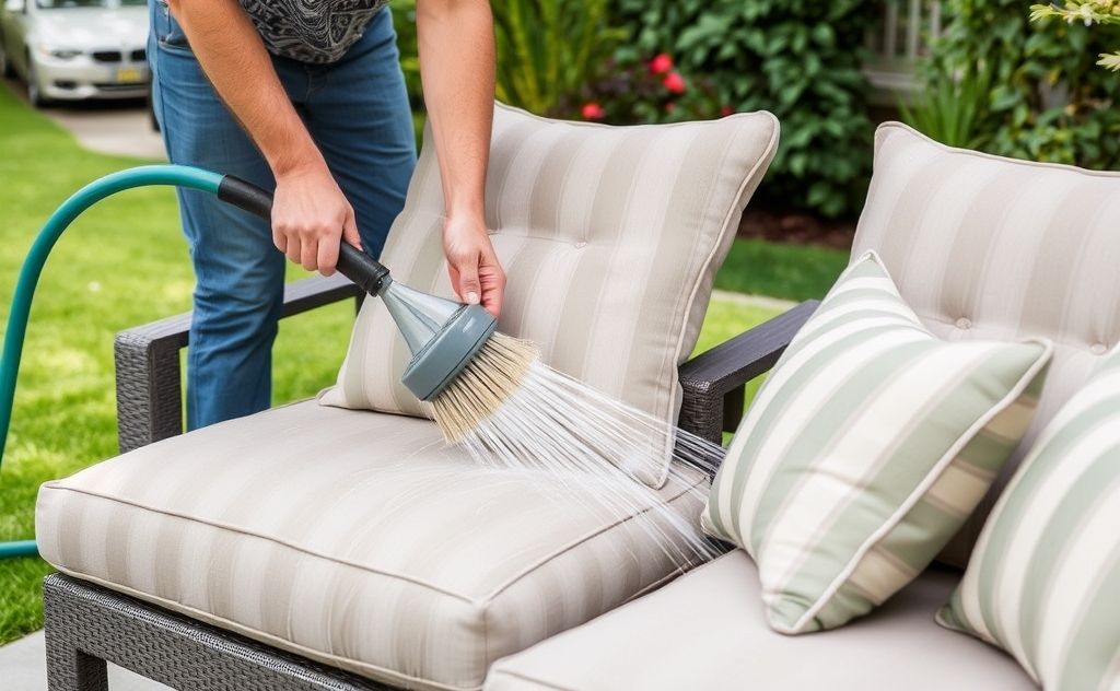A person cleaning patio cushions with a brush and water hose.