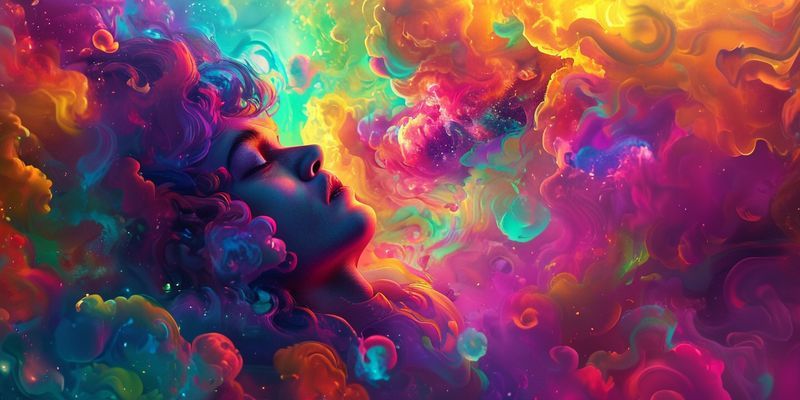 A person dreaming with vibrant colors and surreal imagery