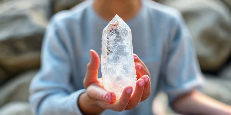 A person holding a clear quartz crystal in their hand during meditation