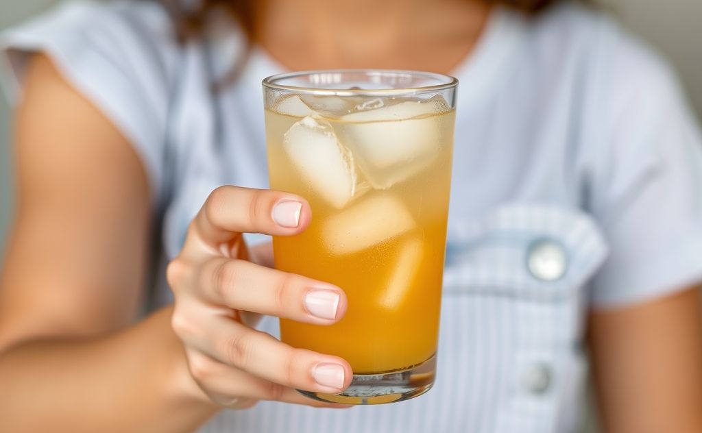 A person holding a glass of refreshing apple juice