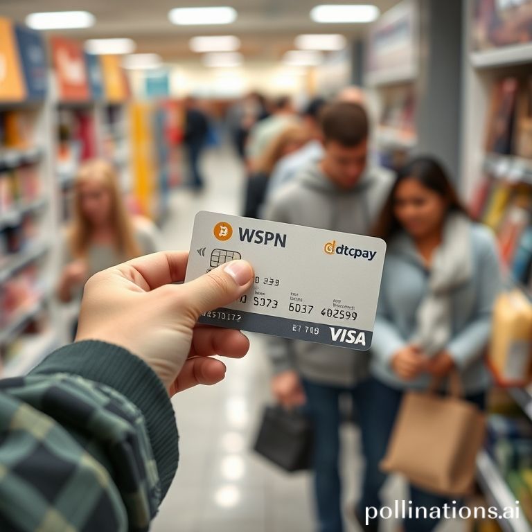 WSPN and dtcpay WUSD Visa card enabling stablecoin payments at a retail store, showcasing practical use.