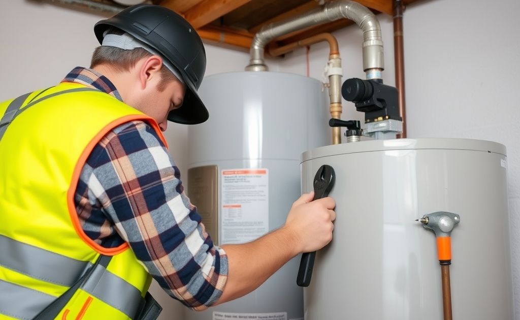 A person inspecting a water heater with tools and safety gear.