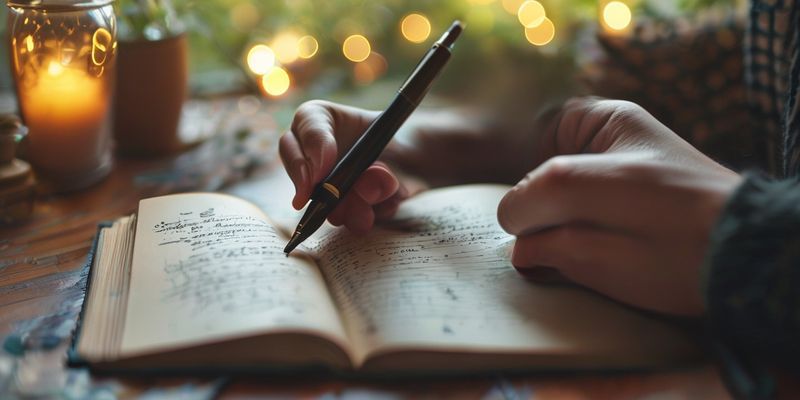 A person journaling their dreams with a pen and a dream journal, symbolizing self-reflection
